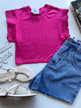 Cropped Feminino Canelado Olivia Detalhe em Laise Pink - Fernanda Ramos Store