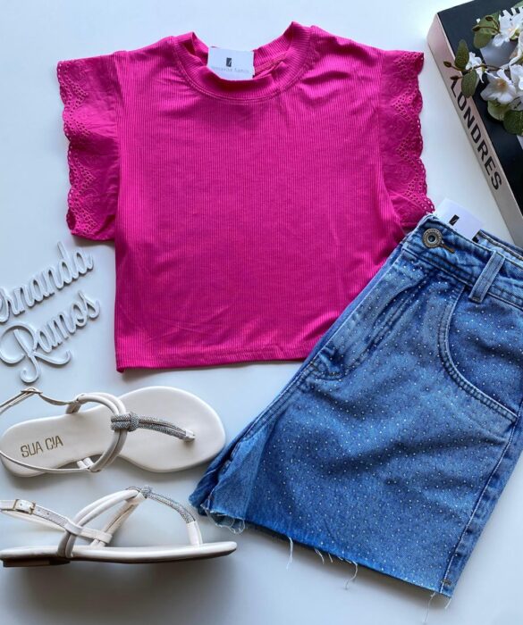 Cropped Feminino Canelado Olivia Detalhe em Laise Pink - Fernanda Ramos Store