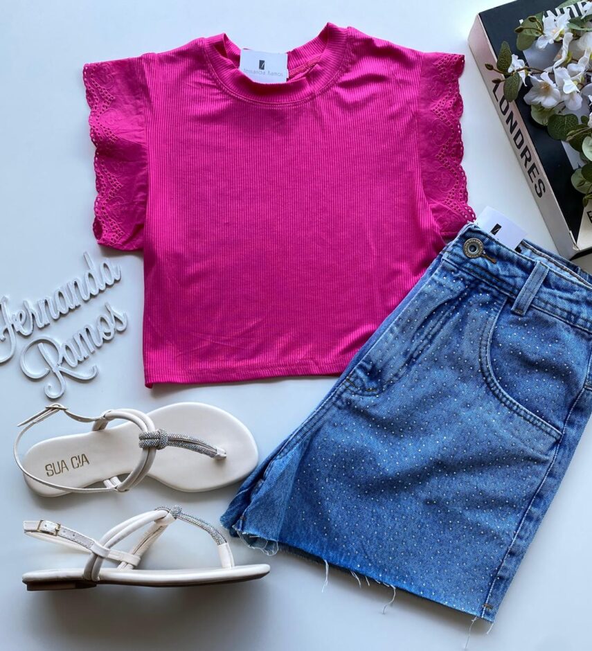 Cropped Feminino Canelado Olivia Detalhe em Laise Pink - Fernanda Ramos Store