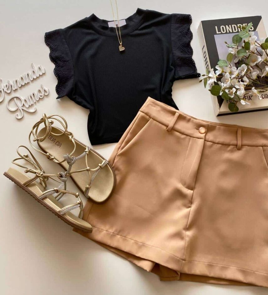 Cropped Feminino Canelado Olivia Detalhe em Laise Preto - Fernanda Ramos Store