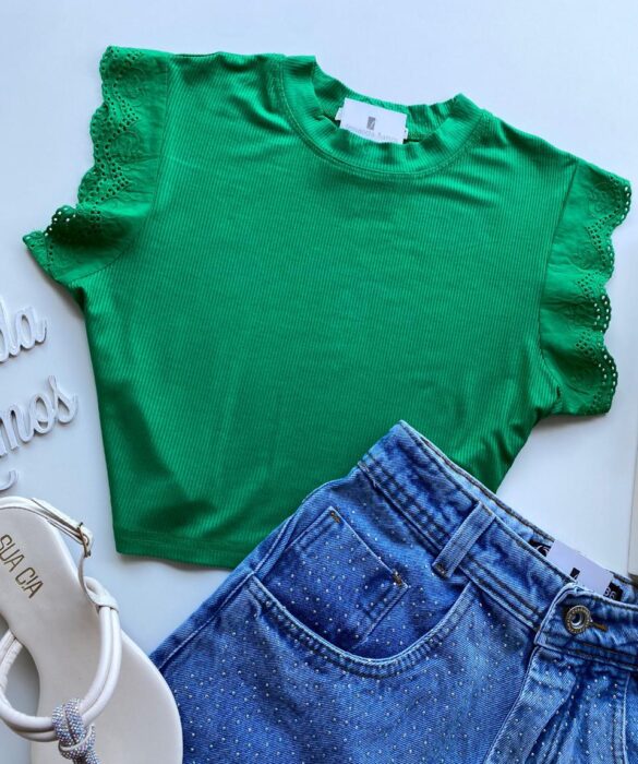 Cropped Feminino Canelado Olivia Detalhe em Laise Verde - Fernanda Ramos Store