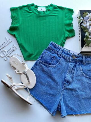 Cropped Feminino Canelado Olivia Detalhe em Laise Verde - Fernanda Ramos Store