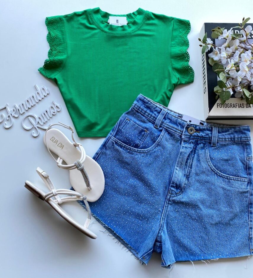 Cropped Feminino Canelado Olivia Detalhe em Laise Verde - Fernanda Ramos Store