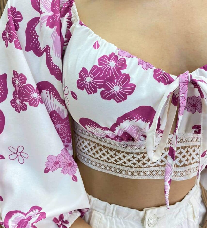Cropped Feminino com Bojo e Amarração Isis Estampa Fúcsia - Fernanda Ramos Store