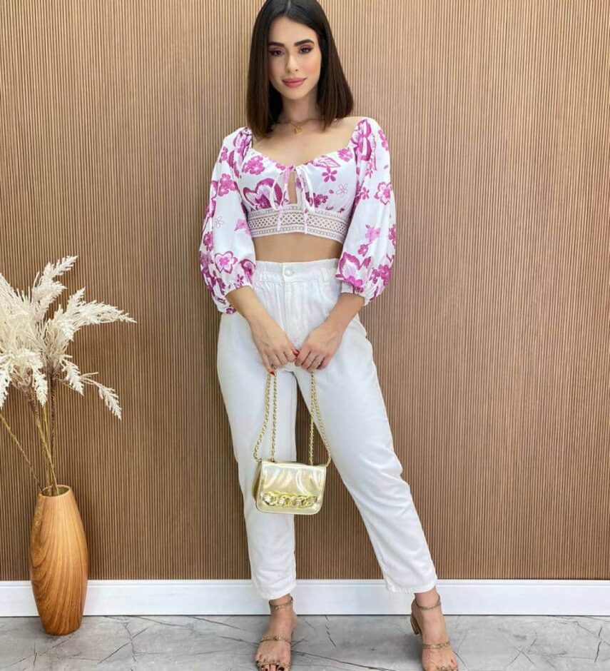 Cropped Feminino com Bojo e Amarração Isis Estampa Fúcsia - Fernanda Ramos Store