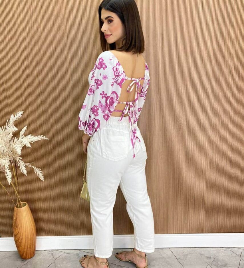 Cropped Feminino com Bojo e Amarração Isis Estampa Fúcsia - Fernanda Ramos Store