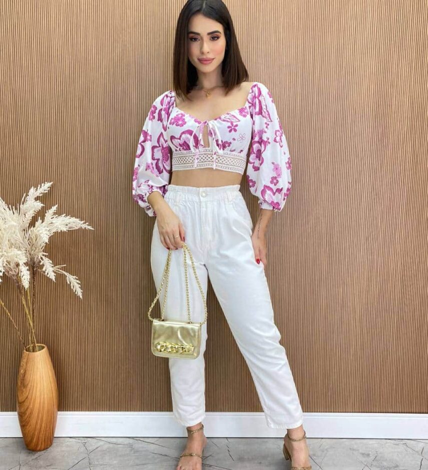 Cropped Feminino com Bojo e Amarração Isis Estampa Fúcsia - Fernanda Ramos Store