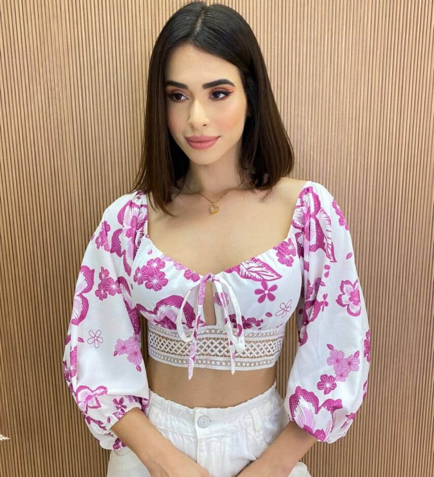 Cropped Feminino com Bojo e Amarração Isis Estampa Fúcsia - Fernanda Ramos Store