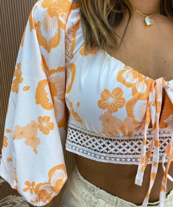 fernandaramosstore com br Cropped Feminino com Bojo e Amarração Isis Estampa Laranja 1