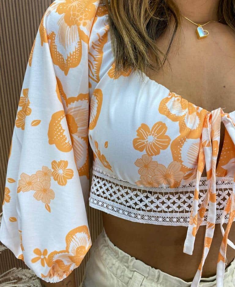 Cropped Feminino com Bojo e Amarração Isis Estampa Laranja - Fernanda Ramos Store