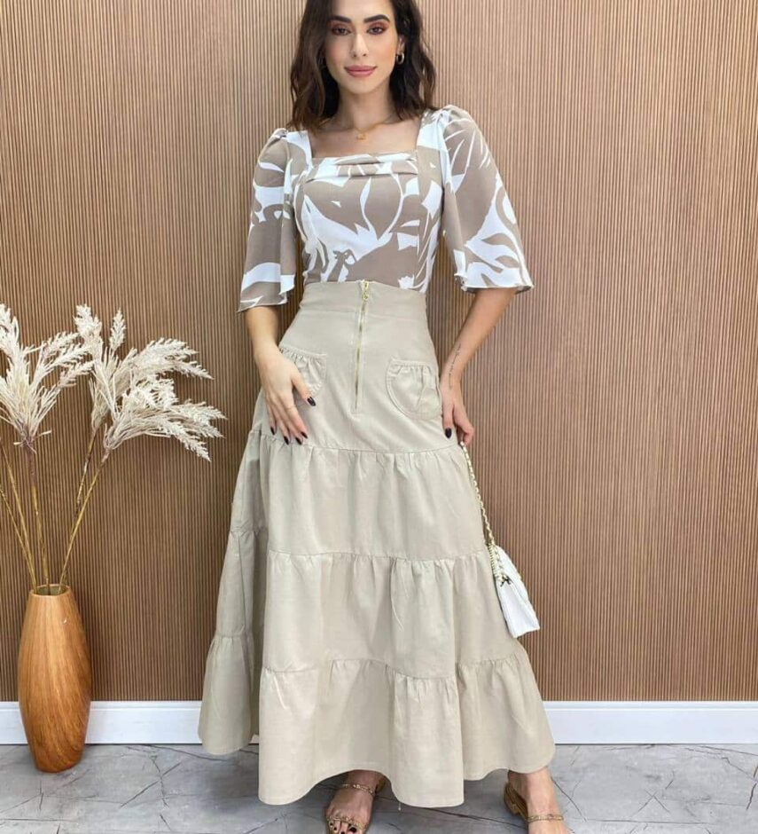 Cropped Feminino com Bojo Emily Estampado Bege - Fernanda Ramos Store