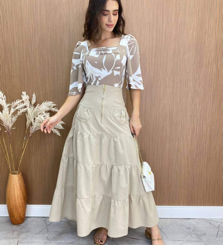 Cropped Feminino com Bojo Emily Estampado Bege - Fernanda Ramos Store