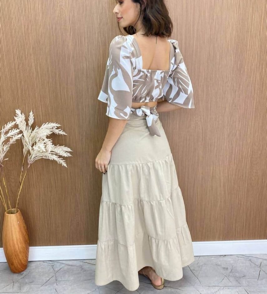 Cropped Feminino com Bojo Emily Estampado Bege - Fernanda Ramos Store