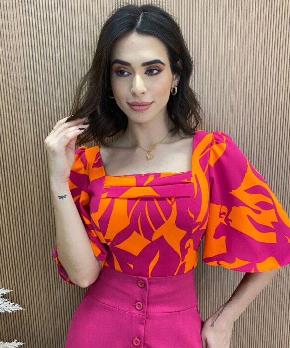 Cropped Feminino com Bojo Emily Estampado Pink e Laranja - Fernanda Ramos Store