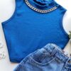 Cropped Feminino sem Bojo Canelado com Corrente Azul - Fernanda Ramos Store