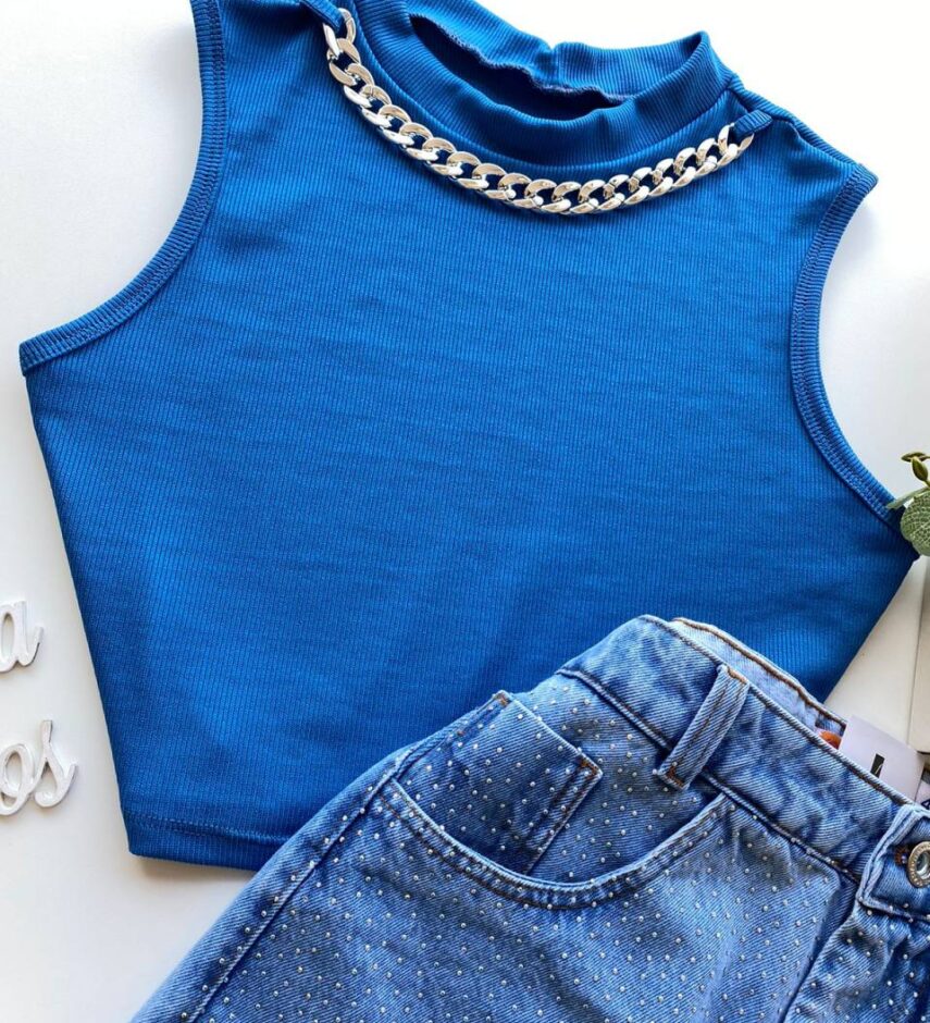 Cropped Feminino sem Bojo Canelado com Corrente Azul - Fernanda Ramos Store