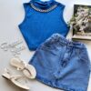 Cropped Feminino sem Bojo Canelado com Corrente Azul - Fernanda Ramos Store