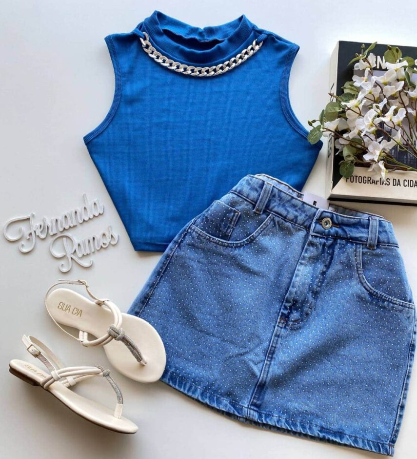 Cropped Feminino sem Bojo Canelado com Corrente Azul - Fernanda Ramos Store