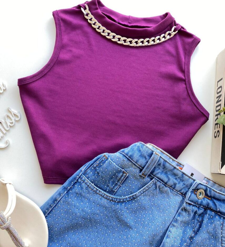 Cropped Feminino sem Bojo Canelado com Corrente Fúcsia - Fernanda Ramos Store