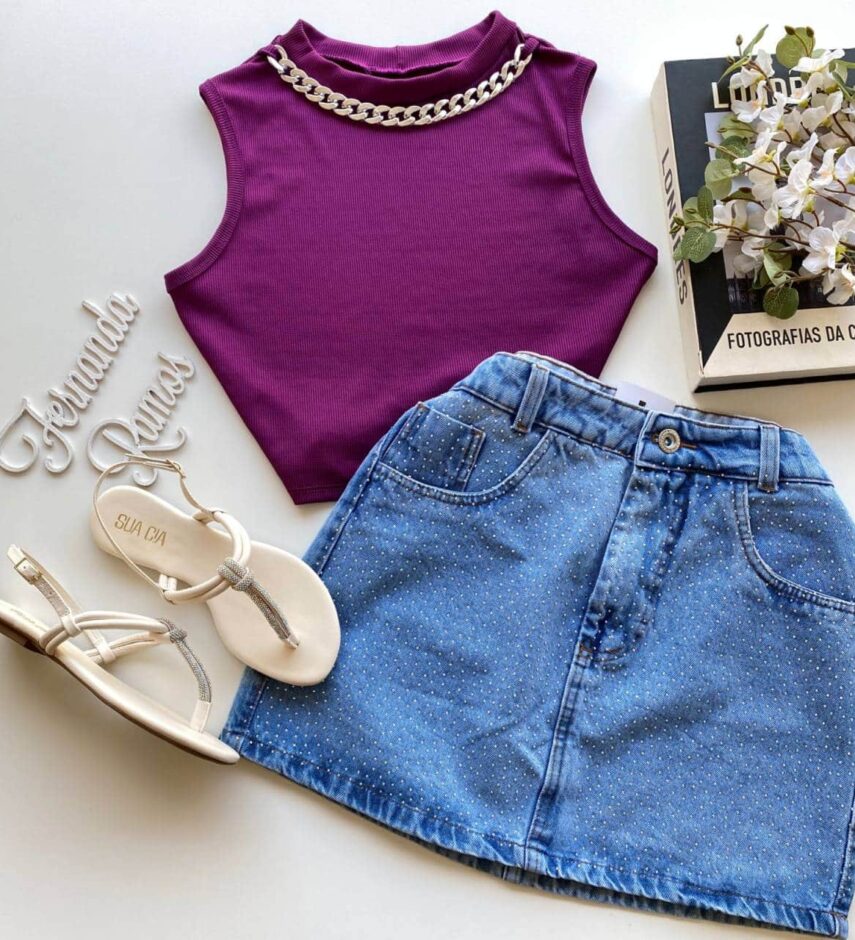 Cropped Feminino sem Bojo Canelado com Corrente Fúcsia - Fernanda Ramos Store