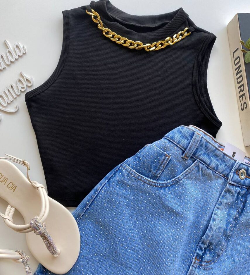 Cropped Feminino sem Bojo Canelado com Corrente Preto - Fernanda Ramos Store