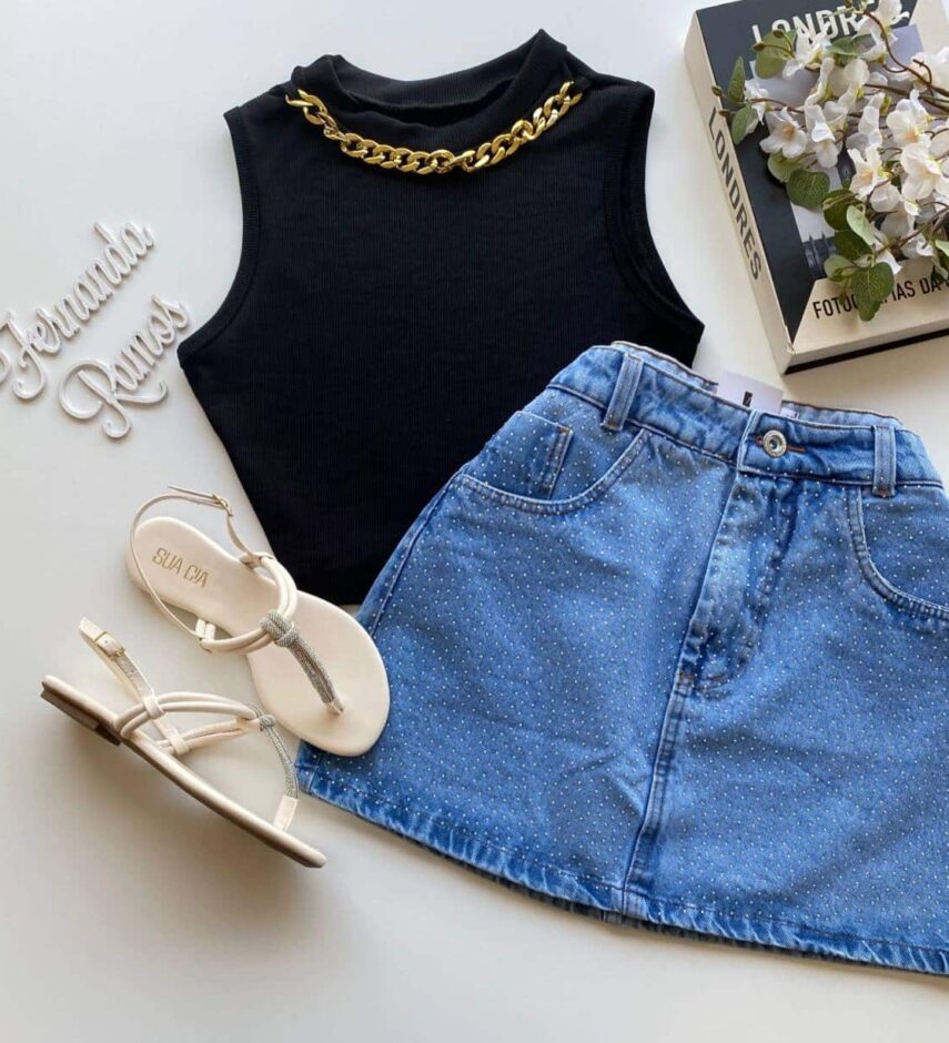 Cropped Feminino sem Bojo Canelado com Corrente Preto - Fernanda Ramos Store