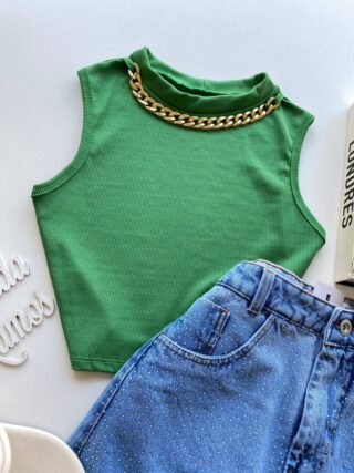 Cropped Feminino sem Bojo Canelado com Corrente Verde - Fernanda Ramos Store