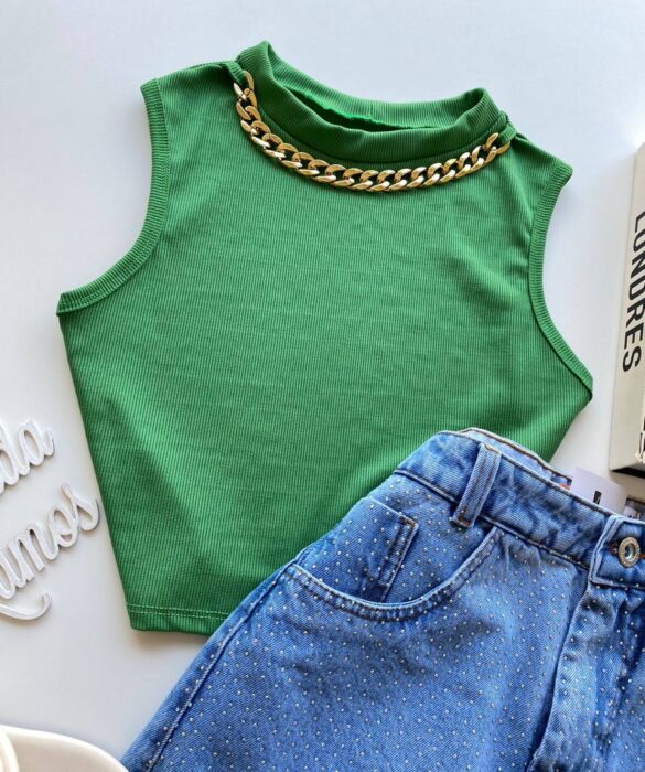 Cropped Feminino sem Bojo Canelado com Corrente Verde - Fernanda Ramos Store