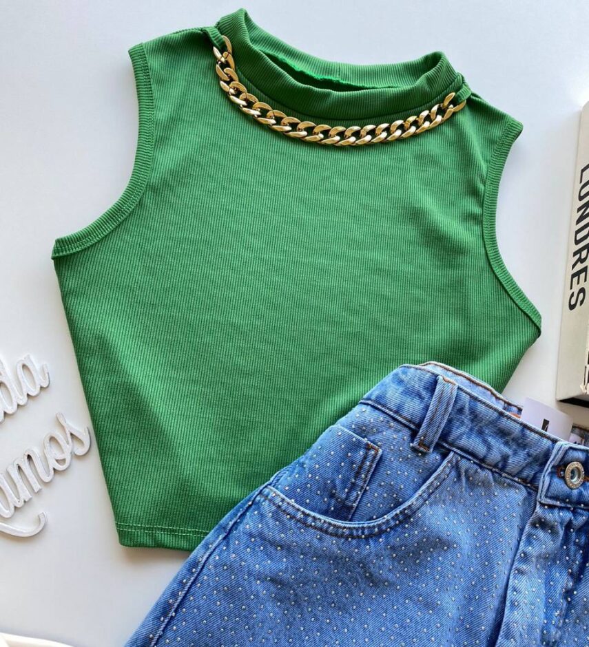 Cropped Feminino sem Bojo Canelado com Corrente Verde - Fernanda Ramos Store