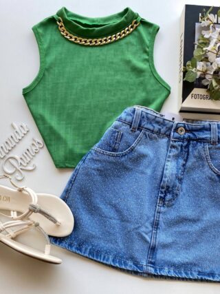 Cropped Feminino sem Bojo Canelado com Corrente Verde - Fernanda Ramos Store