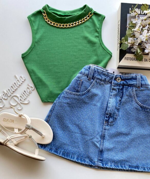 Cropped Feminino sem Bojo Canelado com Corrente Verde - Fernanda Ramos Store