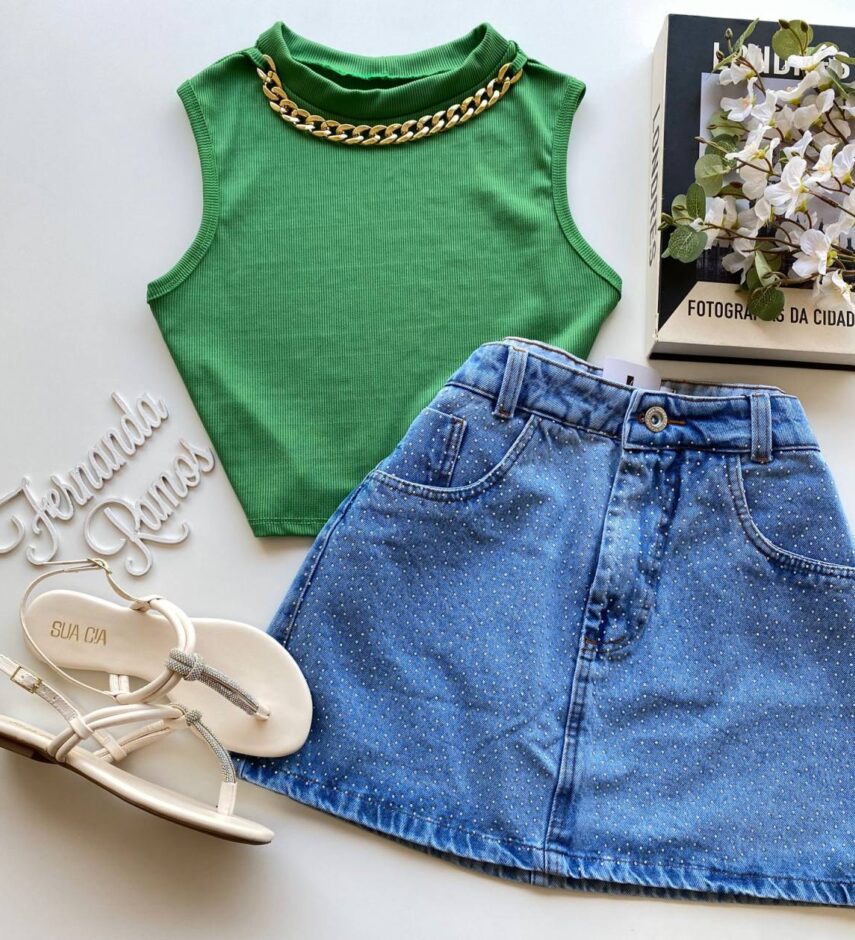 Cropped Feminino sem Bojo Canelado com Corrente Verde - Fernanda Ramos Store
