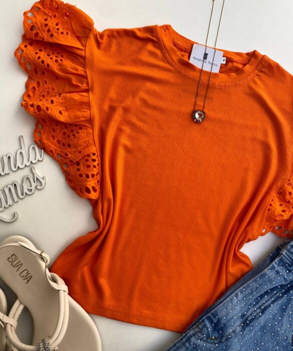 Cropped Feminino sem Bojo Manu Detalhe em Laise Laranja - Fernanda Ramos Store