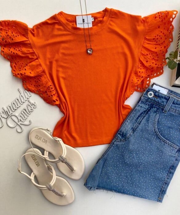 Cropped Feminino sem Bojo Manu Detalhe em Laise Laranja - Fernanda Ramos Store