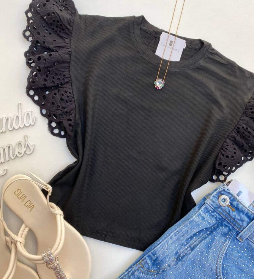 Cropped Feminino sem Bojo Manu Detalhe em Laise Preto - Fernanda Ramos Store