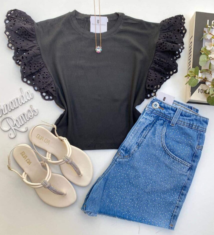 Cropped Feminino sem Bojo Manu Detalhe em Laise Preto - Fernanda Ramos Store