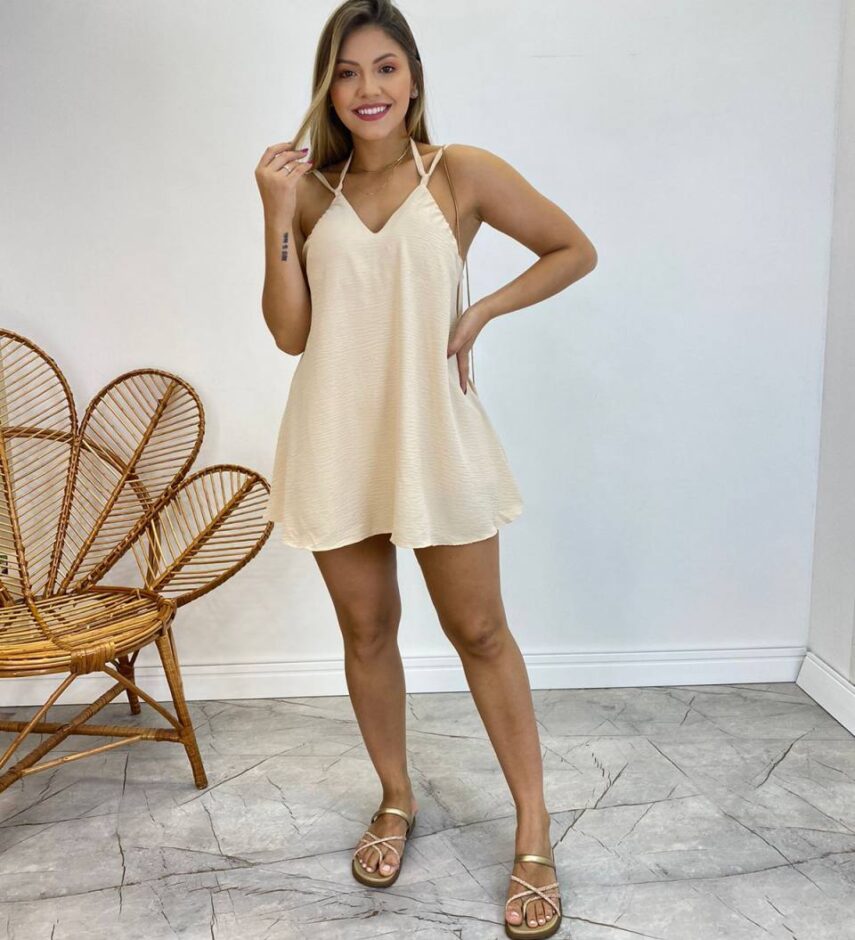 Macaquinho Feminino Isadora com Bojo Frente Única Bege - Fernanda Ramos Store