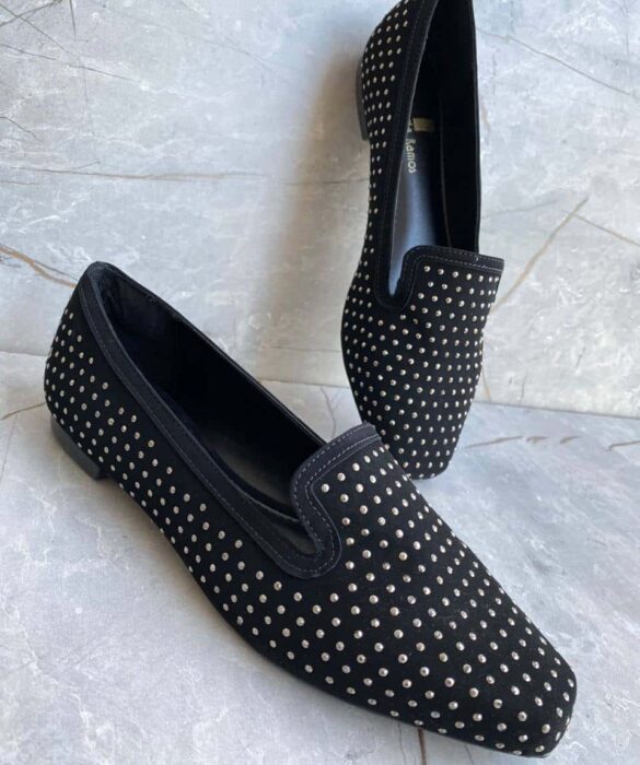 Mocassim Feminino Bico Quadrado Nobuck Preto com Aplicações - Fernanda Ramos Store