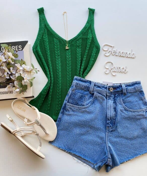 Regata Feminina Tricot Amanda com Detalhe Verde Fernanda Ramos Store