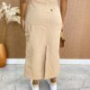 fernandaramosstore com br Saia Feminina Midi Cargo com Fenda Sarja Bege 4