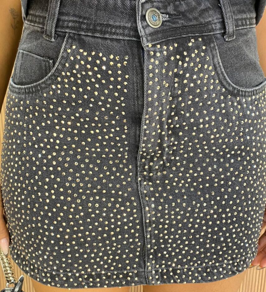 Saia Jeans Curta com Aplicações Preta 1144 - Fernanda Ramos Store