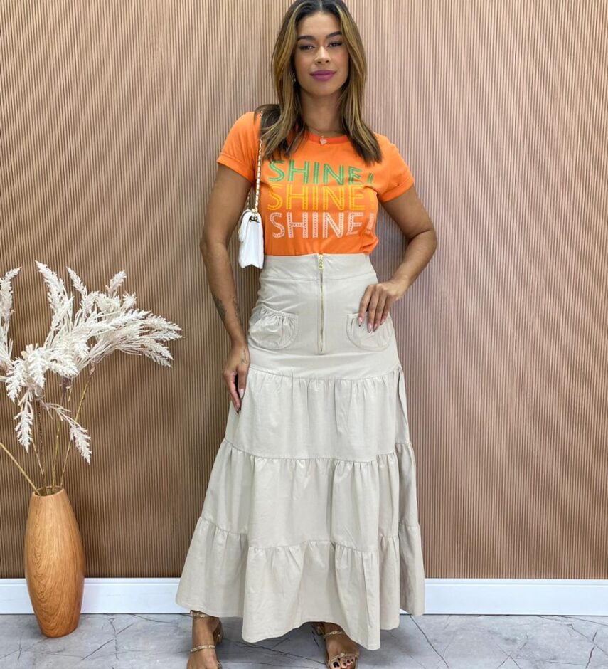 Saia Longa Feminina Valentina com Bolsos Cru - Fernanda Ramos Store