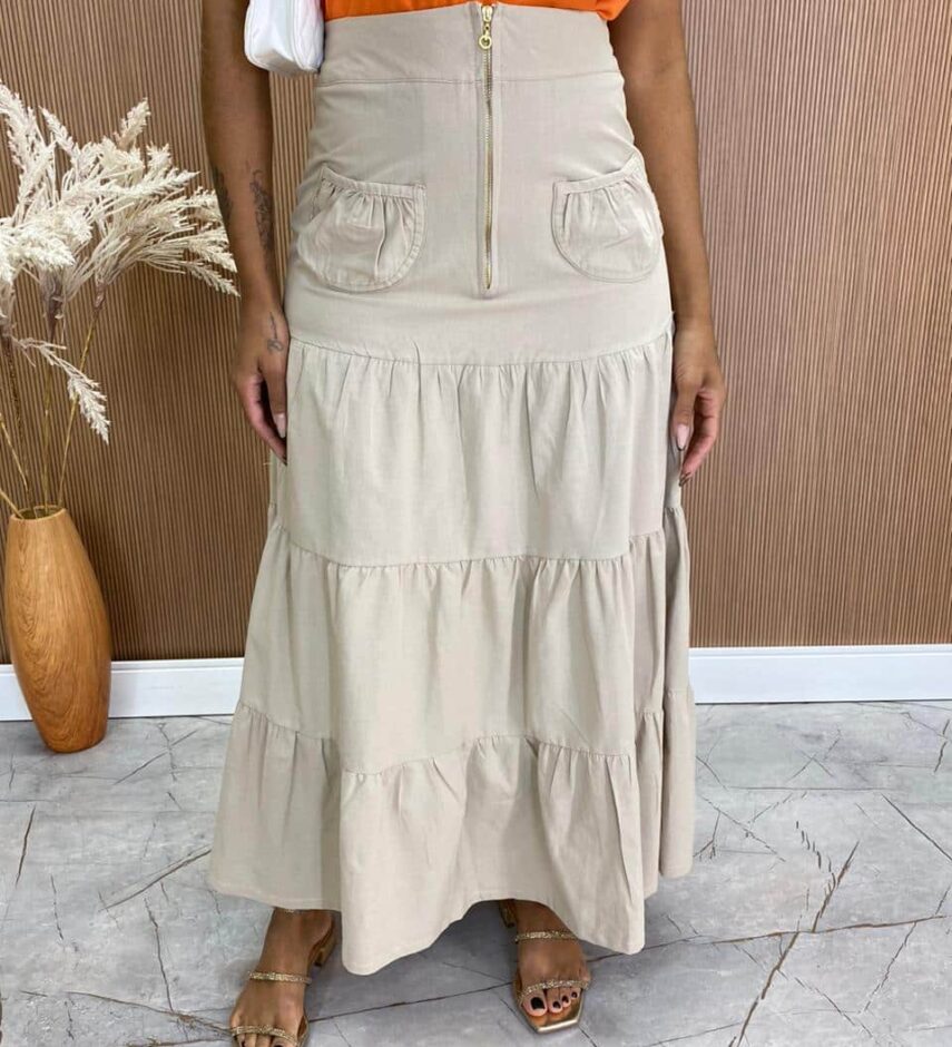 Saia Longa Feminina Valentina com Bolsos Cru - Fernanda Ramos Store