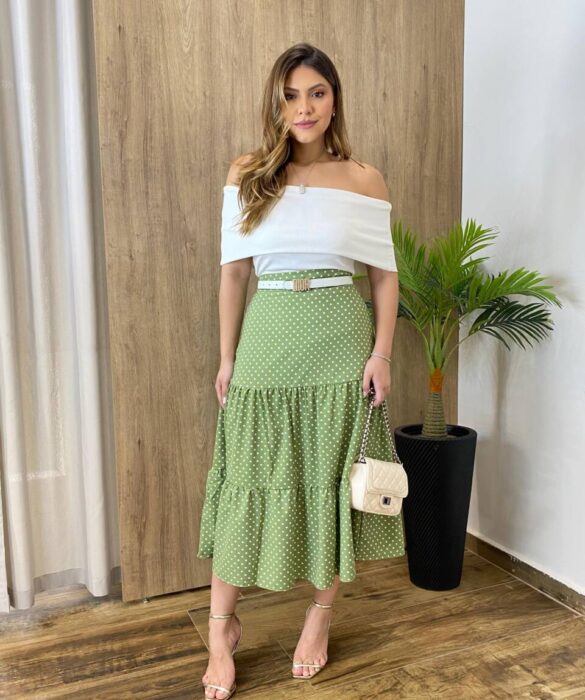 Saia Midi com Camadas Yasmim Poá Verde - Fernanda Ramos Store