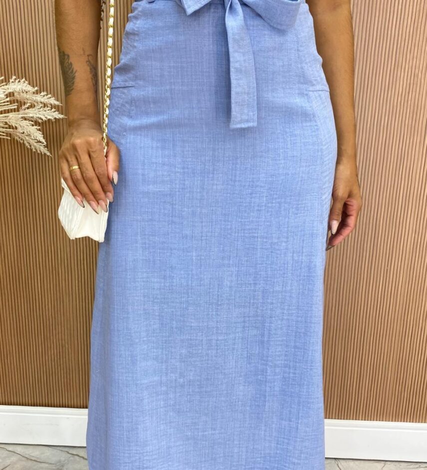 Saia Midi Feminina Maísa com Amarração e Ziper Atrás Azul - Fernanda Ramos Store