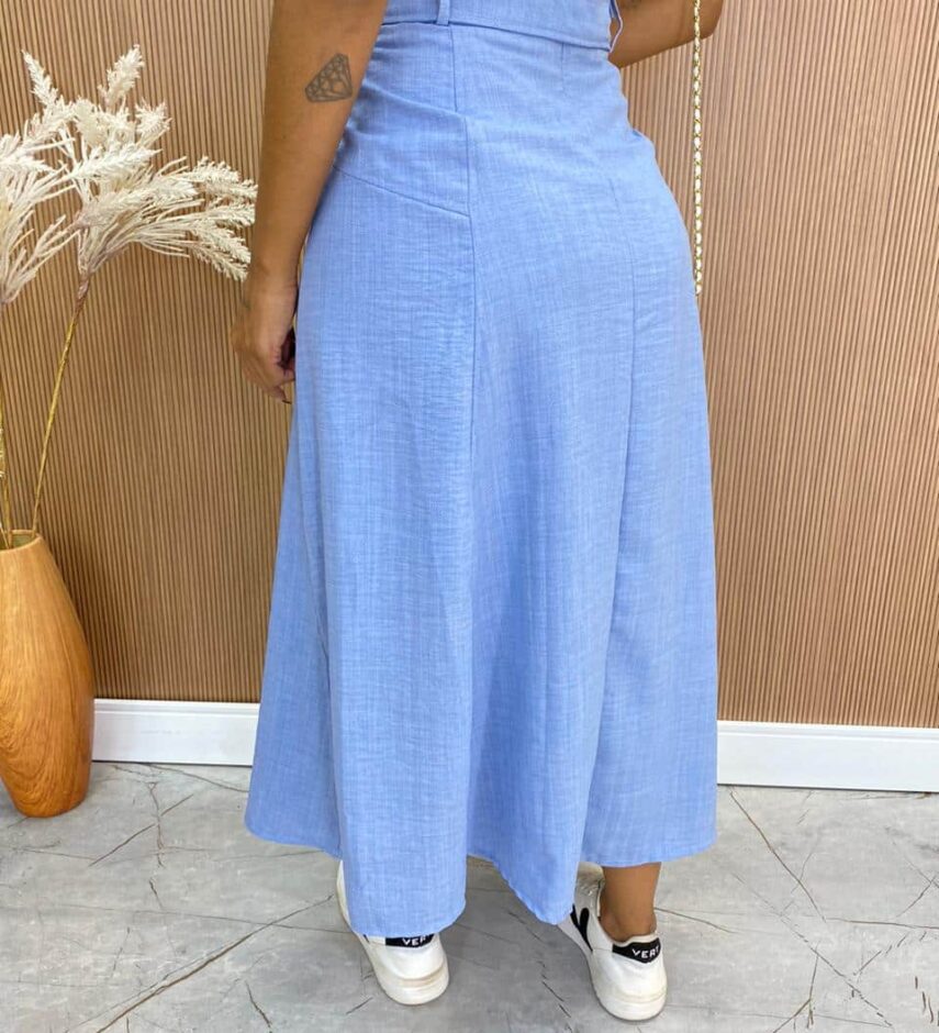 Saia Midi Feminina Maísa com Amarração e Ziper Atrás Azul - Fernanda Ramos Store