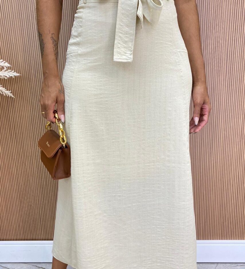 Saia Midi Feminina Maísa com Amarração e Ziper Atrás Bege - Fernanda Ramos Store