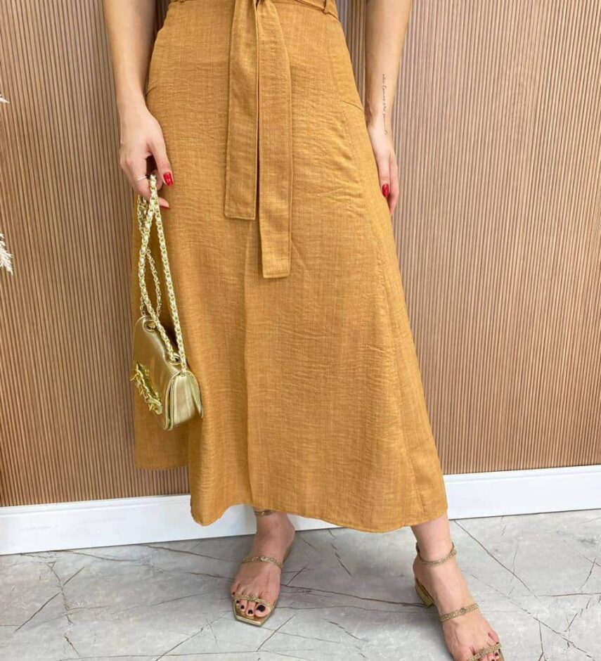 Saia Midi Feminina Maísa com Amarração e Ziper Atrás Caramelo - Fernanda Ramos Store