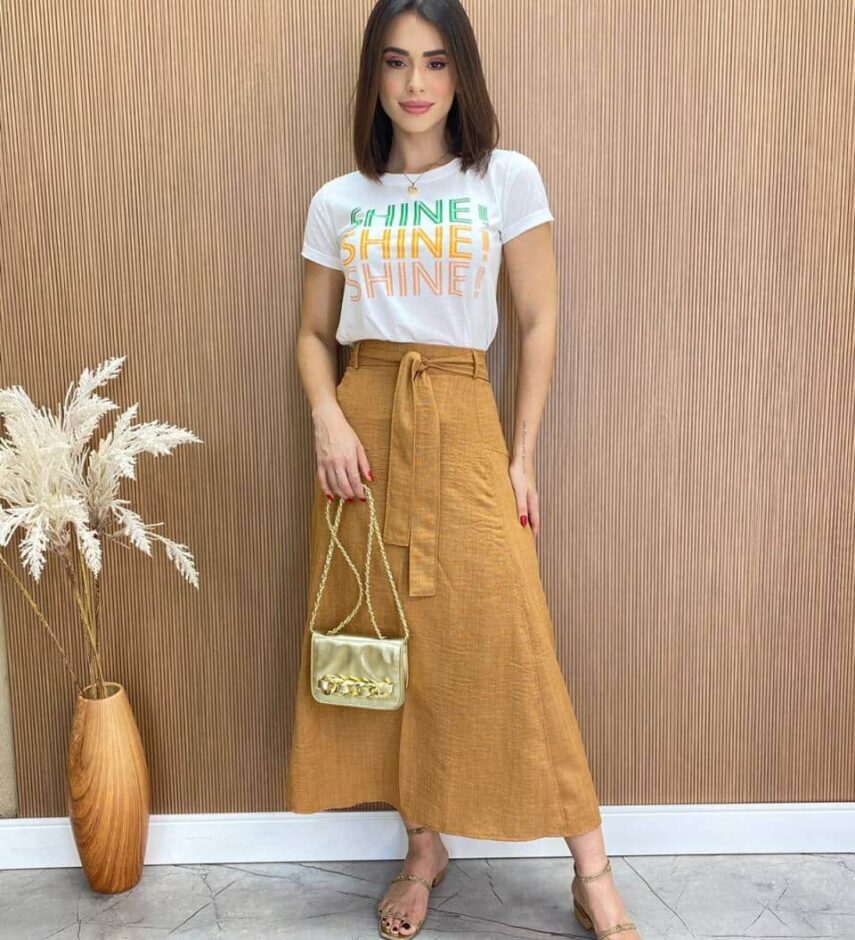 Saia Midi Feminina Maísa com Amarração e Ziper Atrás Caramelo - Fernanda Ramos Store