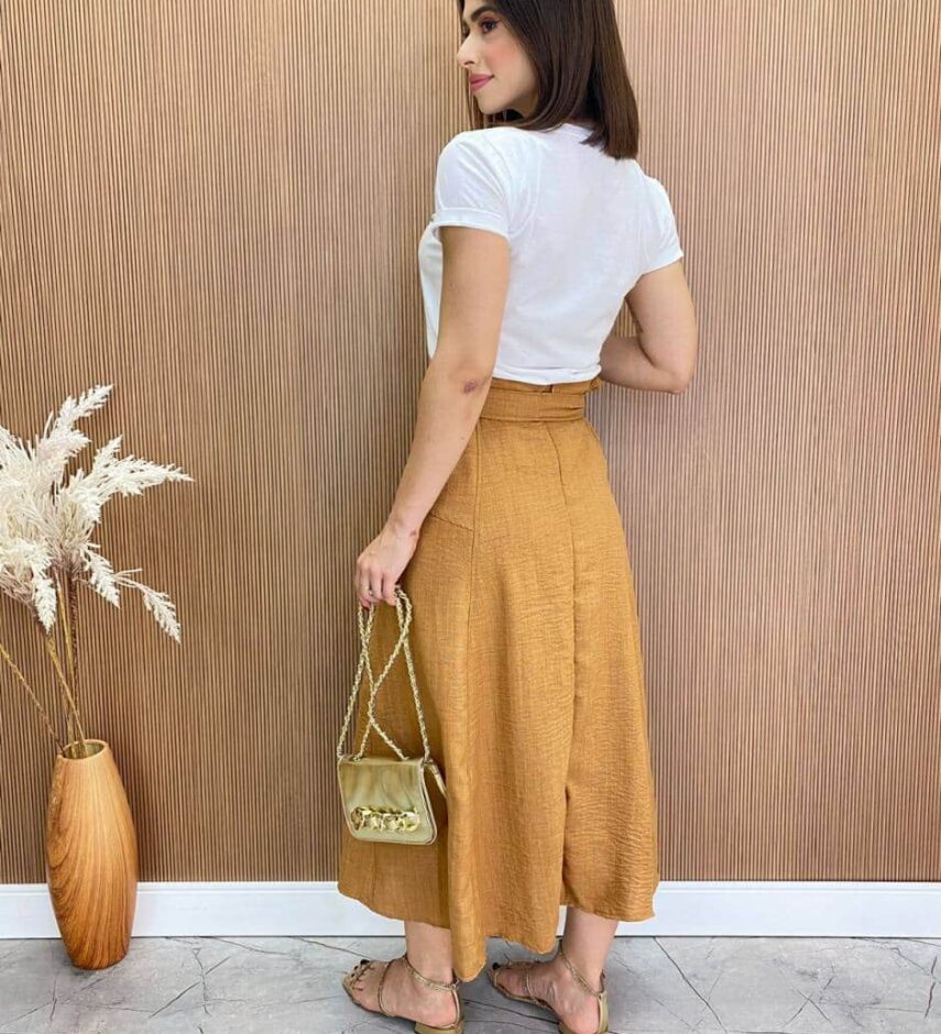 Saia Midi Feminina Maísa com Amarração e Ziper Atrás Caramelo - Fernanda Ramos Store